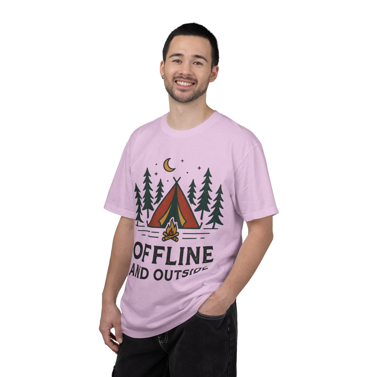 Camping T-Shirt — "Offline and Outside" Tent & Campfire Graphic