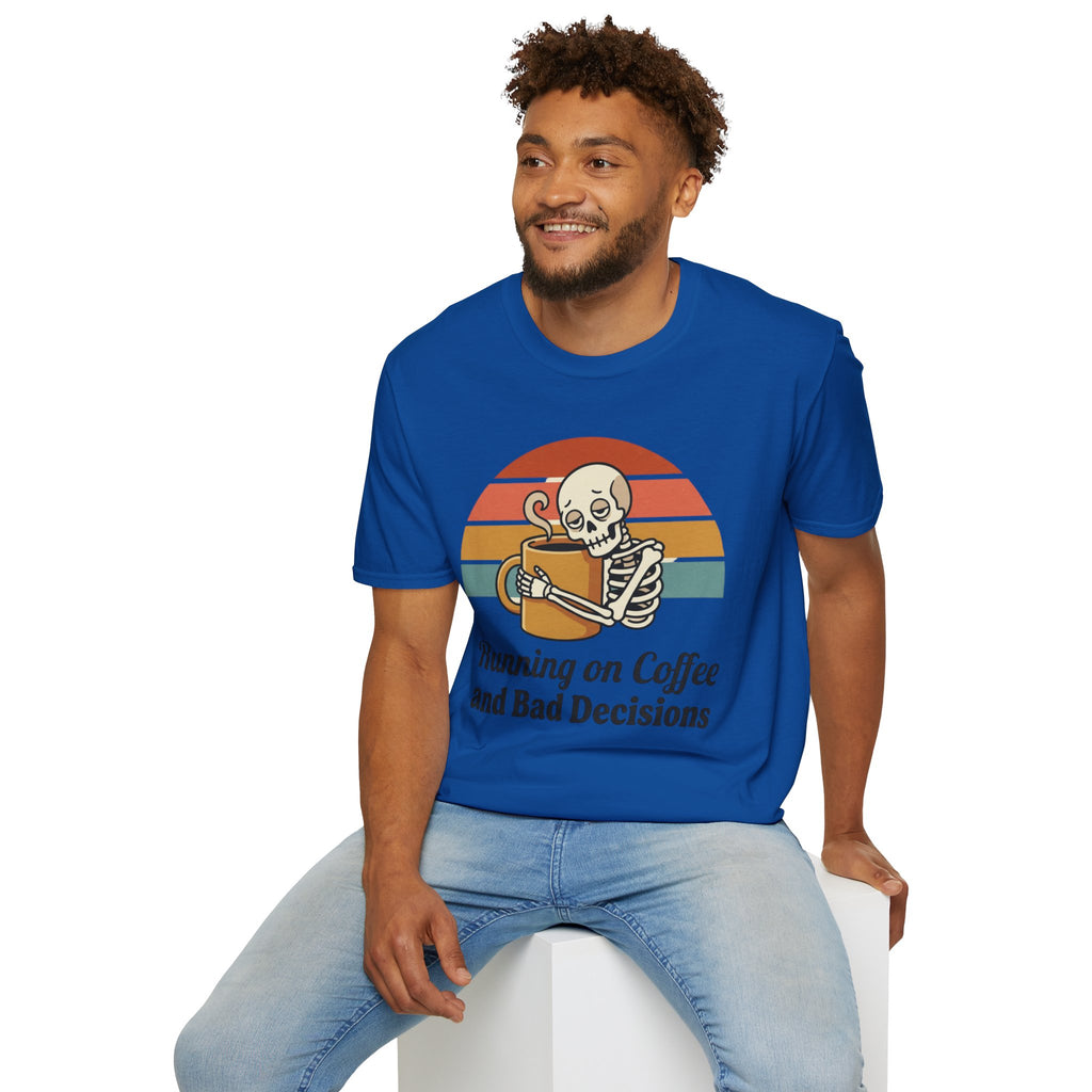 Running on Coffee and Bad Decisions T-Shirt — Retro Skeleton Coffee Tee