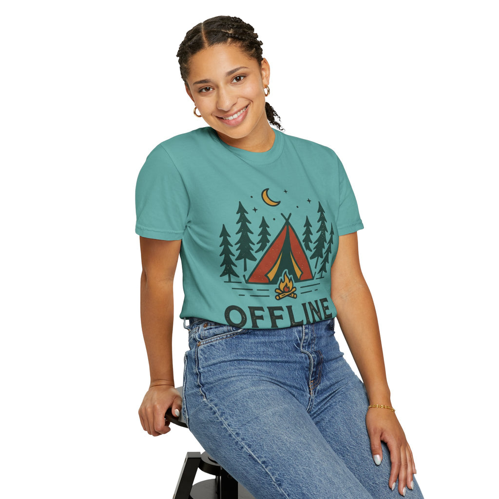 Camping T-Shirt — "Offline and Outside" Tent & Campfire Graphic