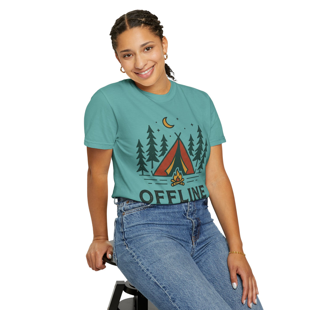 Camping T-Shirt — "Offline and Outside" Tent & Campfire Graphic