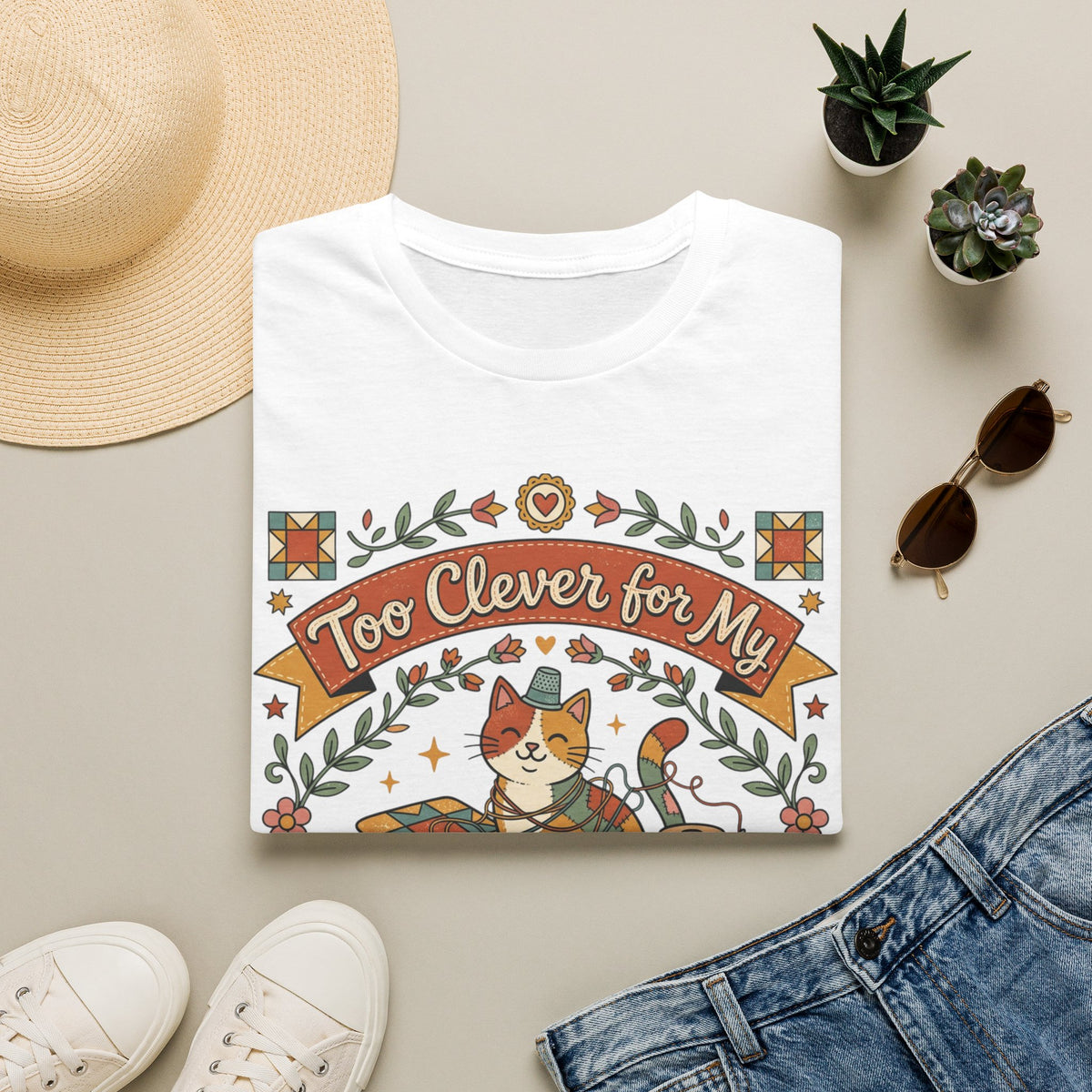 Too Clever for My Own Quilts T-Shirt — Funny Quilting Cat Graphic Tee
