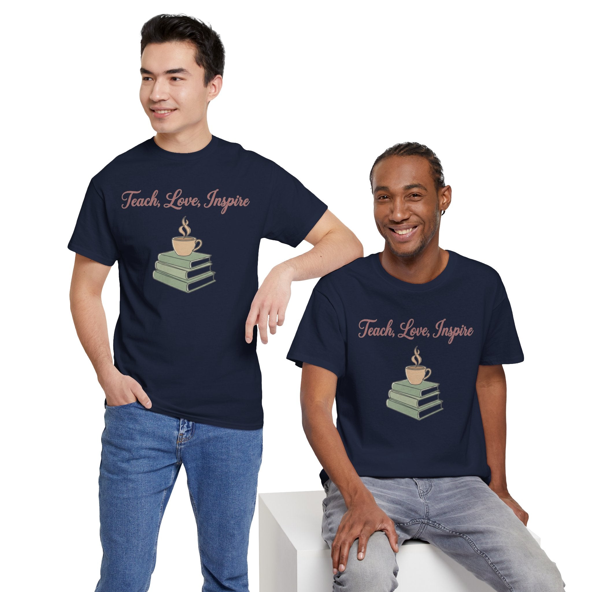 Teacher Tee — "Teach, Love, Inspire" Book & Coffee Graphic T-Shirt