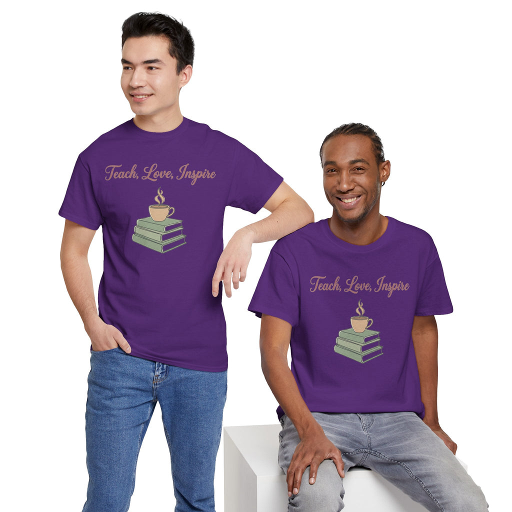 Teacher Tee — "Teach, Love, Inspire" Book & Coffee Graphic T-Shirt