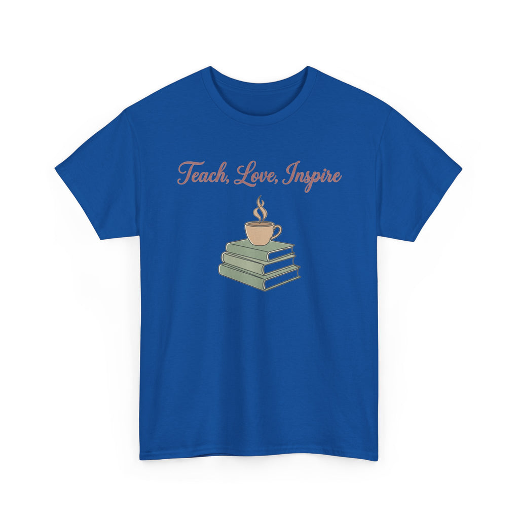 Teacher Tee — "Teach, Love, Inspire" Book & Coffee Graphic T-Shirt