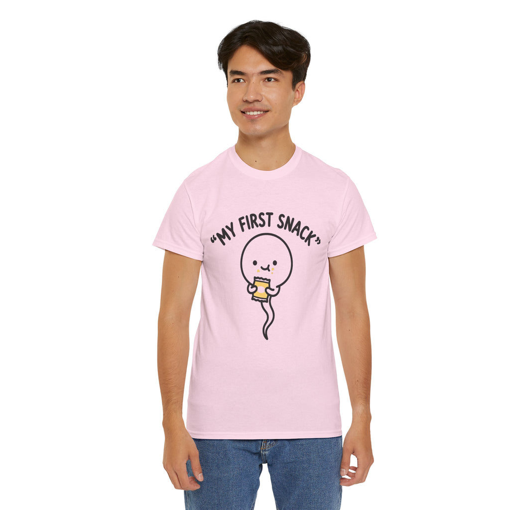 My First Snack Cute Sperm Graphic Tee — Funny Pregnancy Announcement Shirt