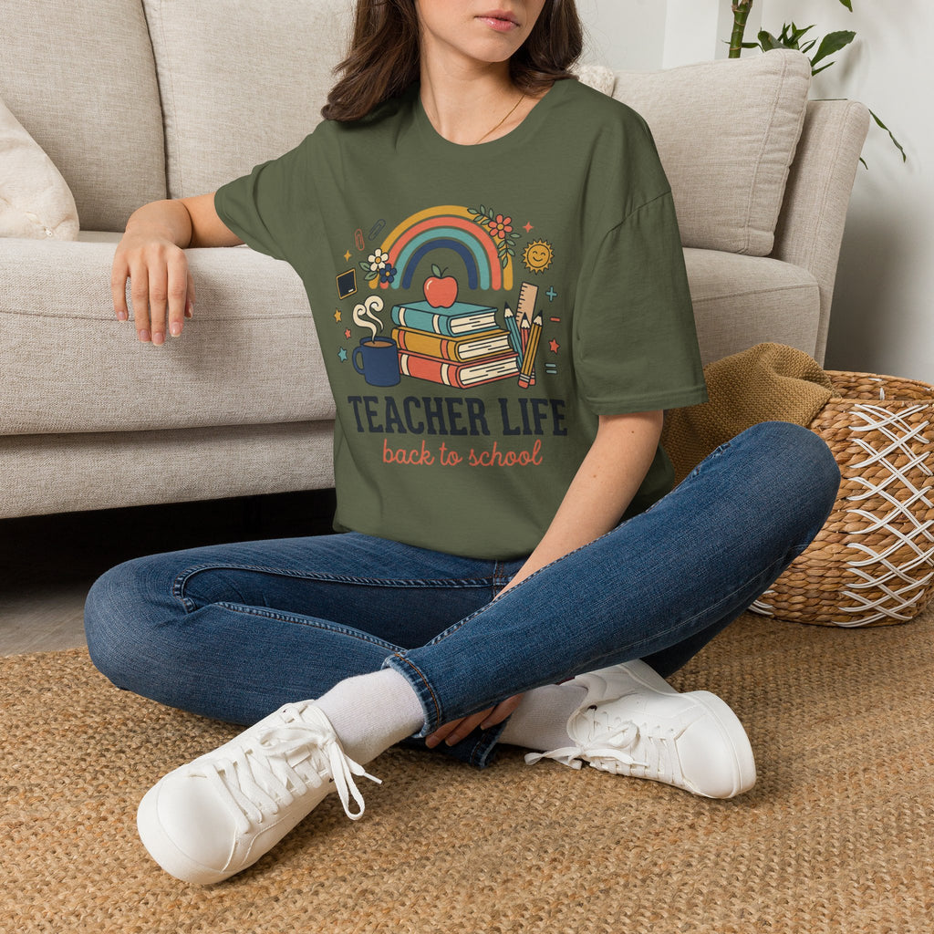 Teacher Life Back to School T-Shirt — Rainbow Books & Apple Graphic