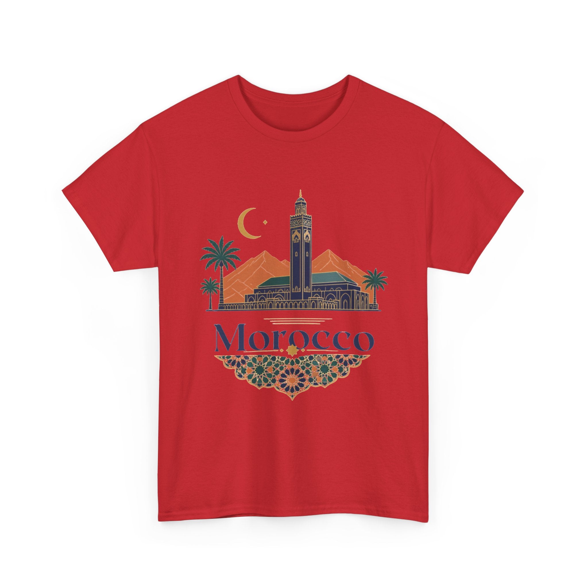 Morocco Travel T-Shirt — Atlas Mountains & Koutoubia Mosque Graphic Tee