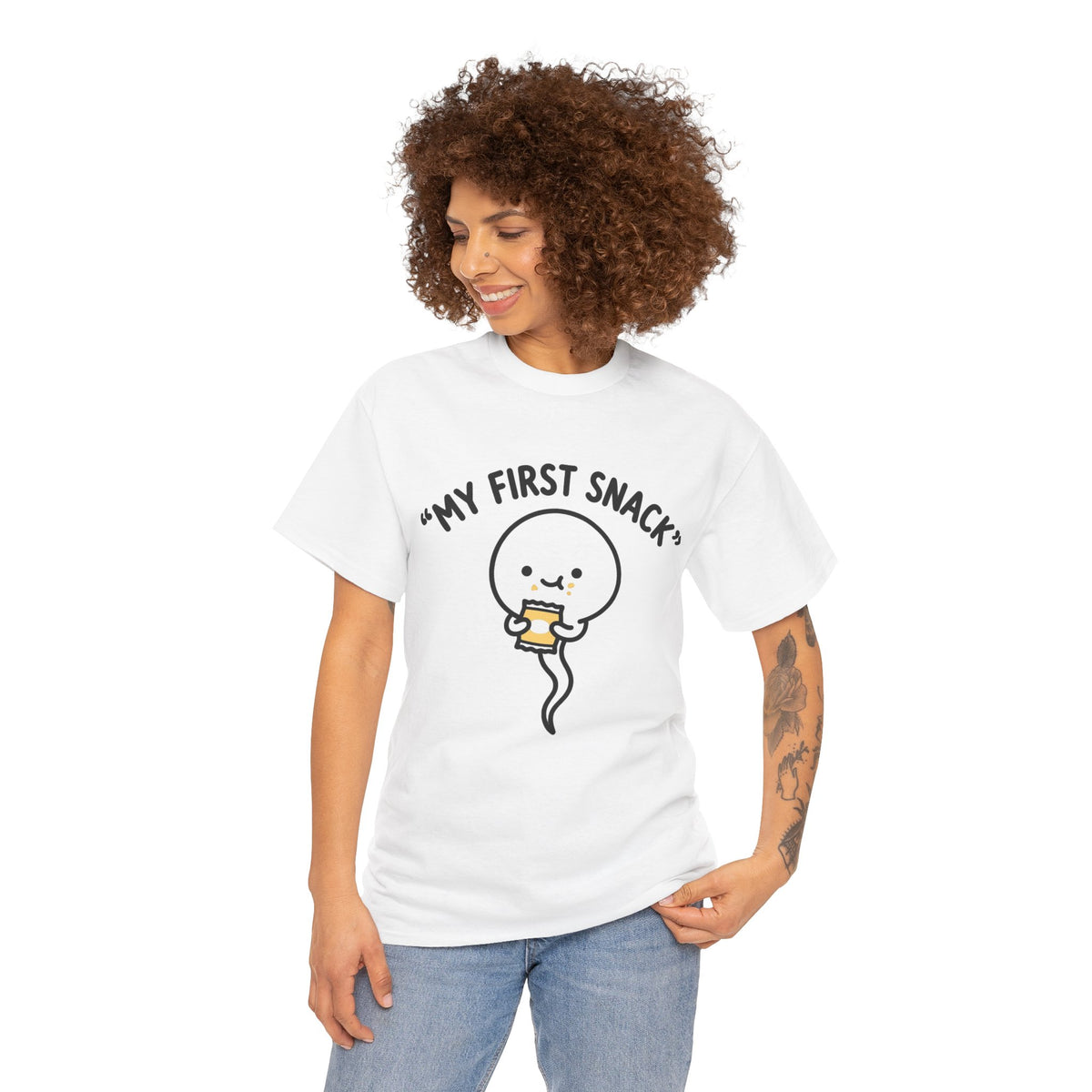 My First Snack Cute Sperm Graphic Tee — Funny Pregnancy Announcement Shirt