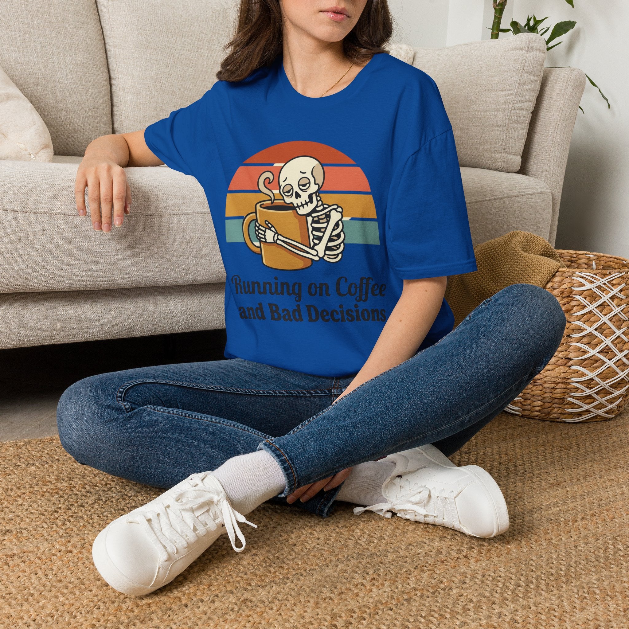 Running on Coffee and Bad Decisions T-Shirt — Retro Skeleton Coffee Tee