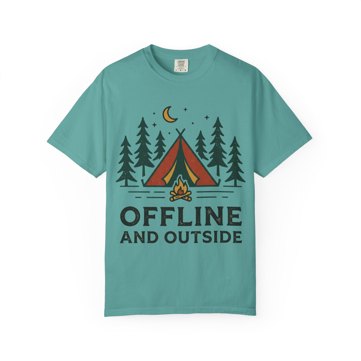 Camping T-Shirt — "Offline and Outside" Tent & Campfire Graphic