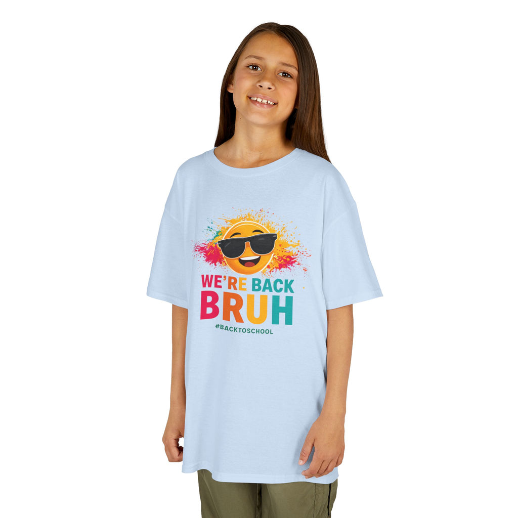 We're Back Bruh Kids Tee — Colorful Sunny Sunglasses Graphic Shirt for Kids