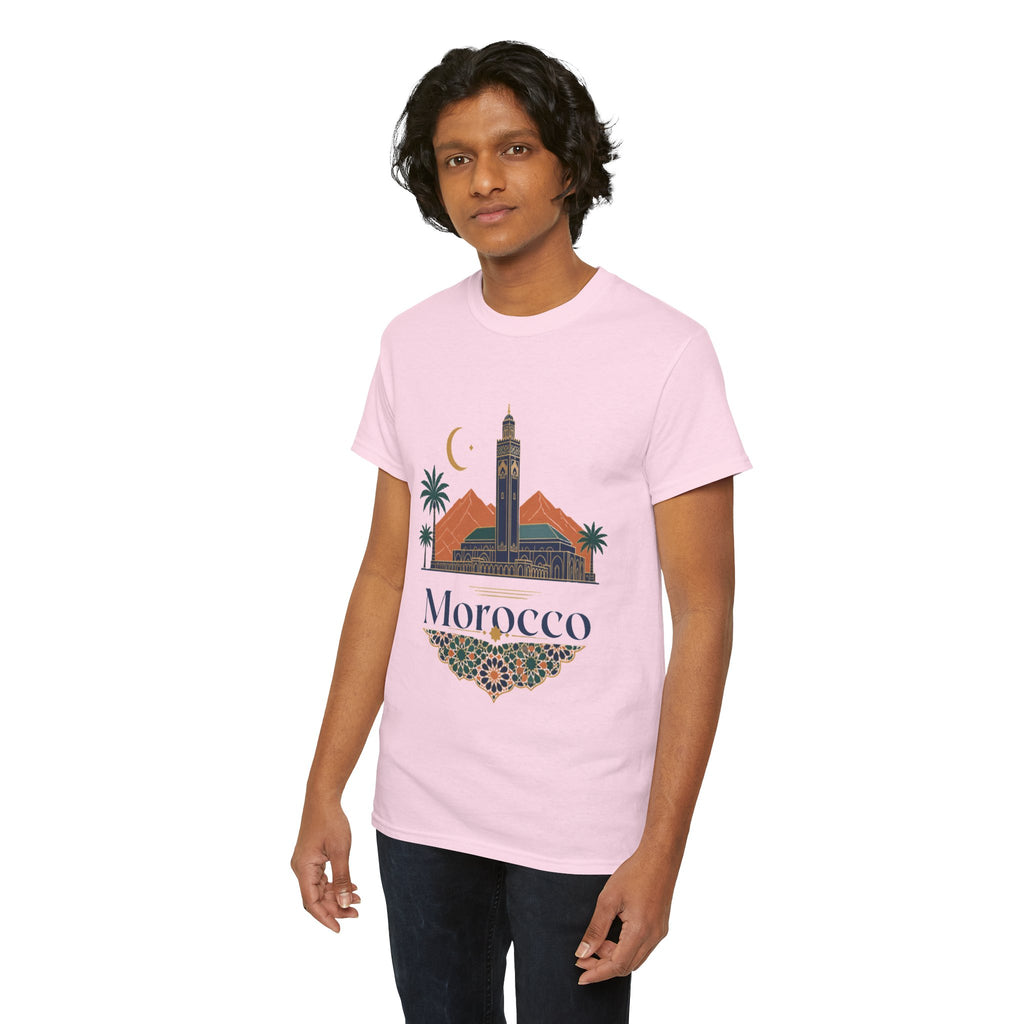 Morocco Travel T-Shirt — Atlas Mountains & Koutoubia Mosque Graphic Tee
