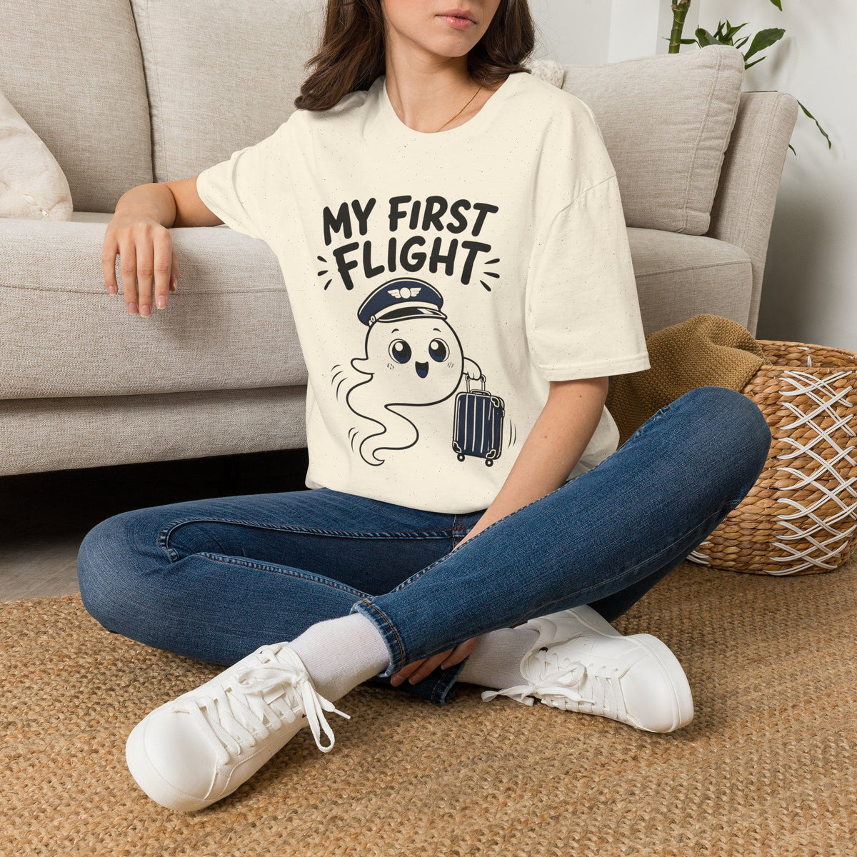 My First Flight T-Shirt — Cute Baby/Infant Travel Tee (Pilot Hat Ghost Design)