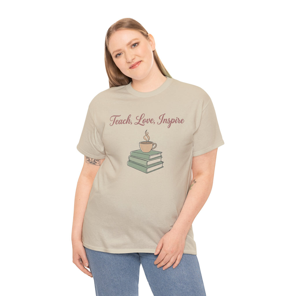 Teacher Tee — "Teach, Love, Inspire" Book & Coffee Graphic T-Shirt
