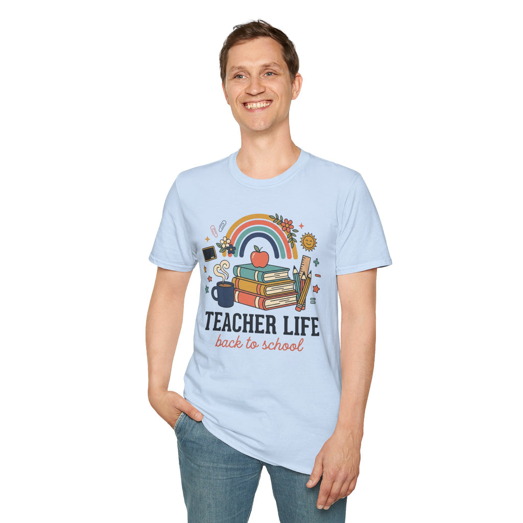 Teacher Life Back to School T-Shirt — Rainbow Books & Apple Graphic