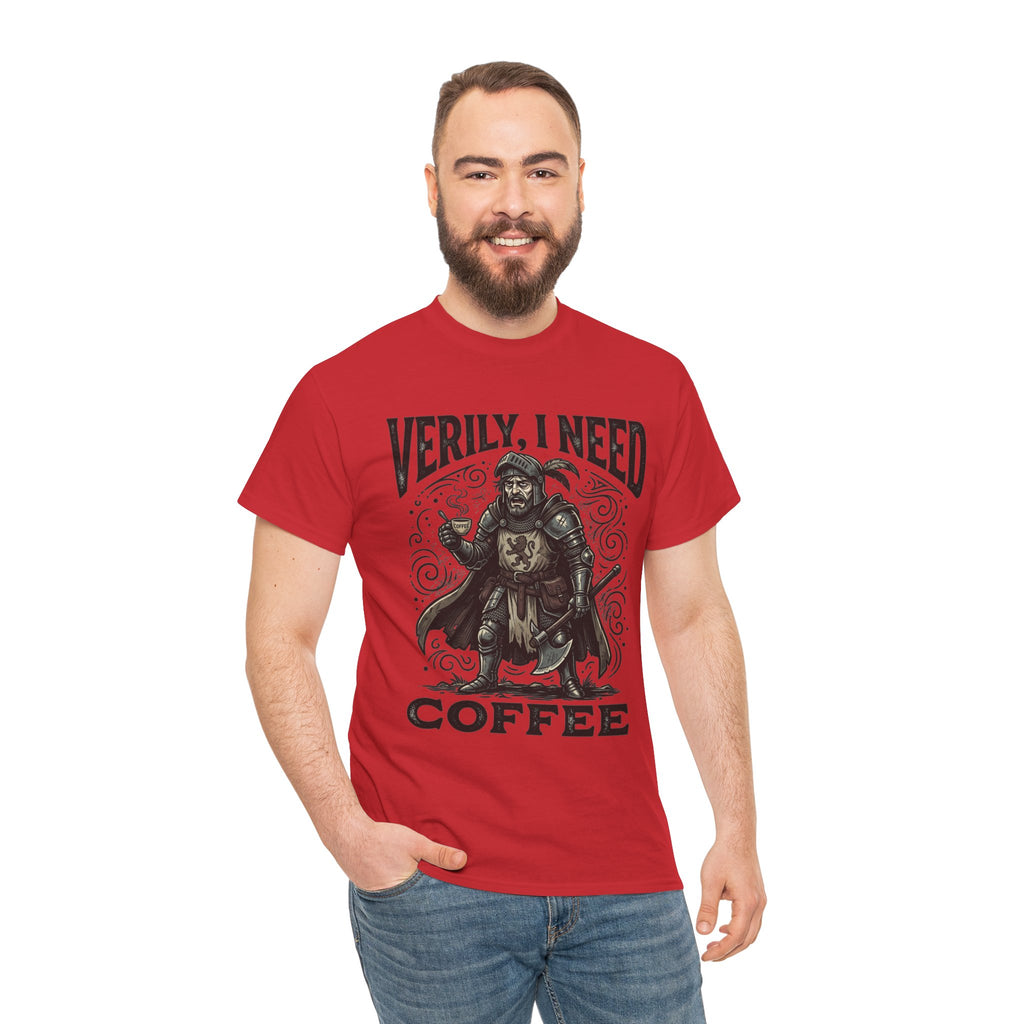 Coffee Viking T‑Shirt — “Verily, I Need Coffee” Medieval Warrior Tee