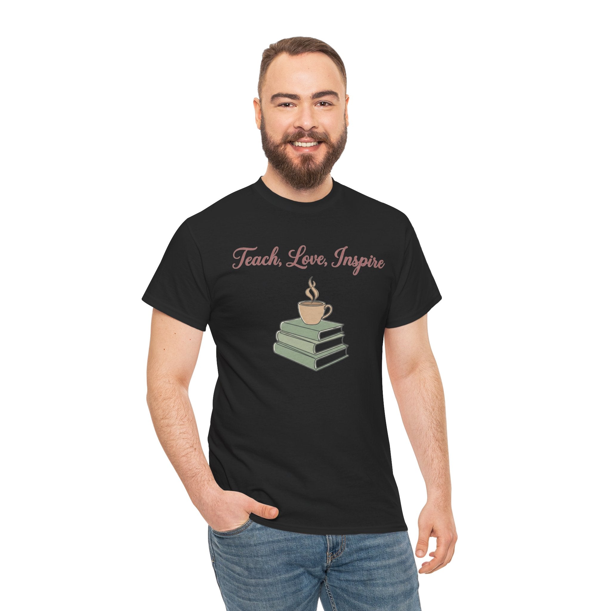Teacher Tee — "Teach, Love, Inspire" Book & Coffee Graphic T-Shirt