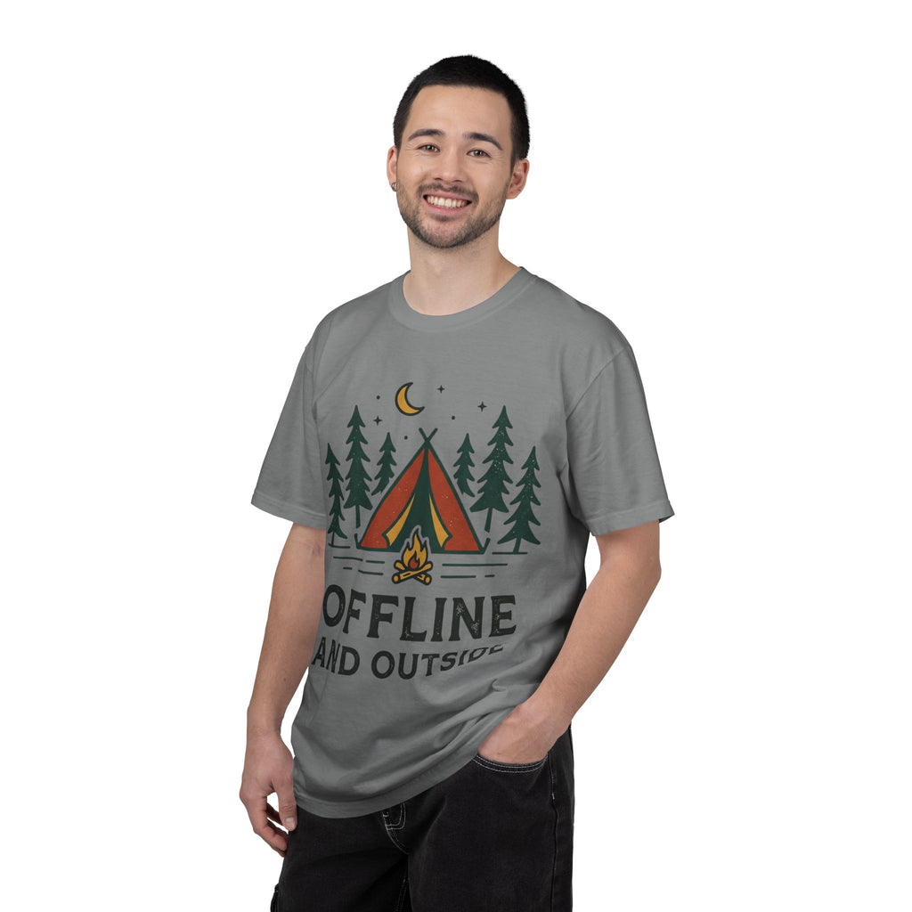 Camping T-Shirt — "Offline and Outside" Tent & Campfire Graphic