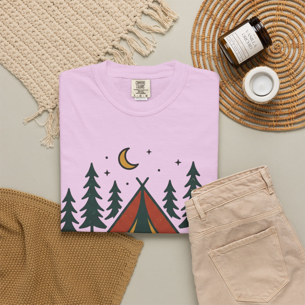Camping T-Shirt — "Offline and Outside" Tent & Campfire Graphic