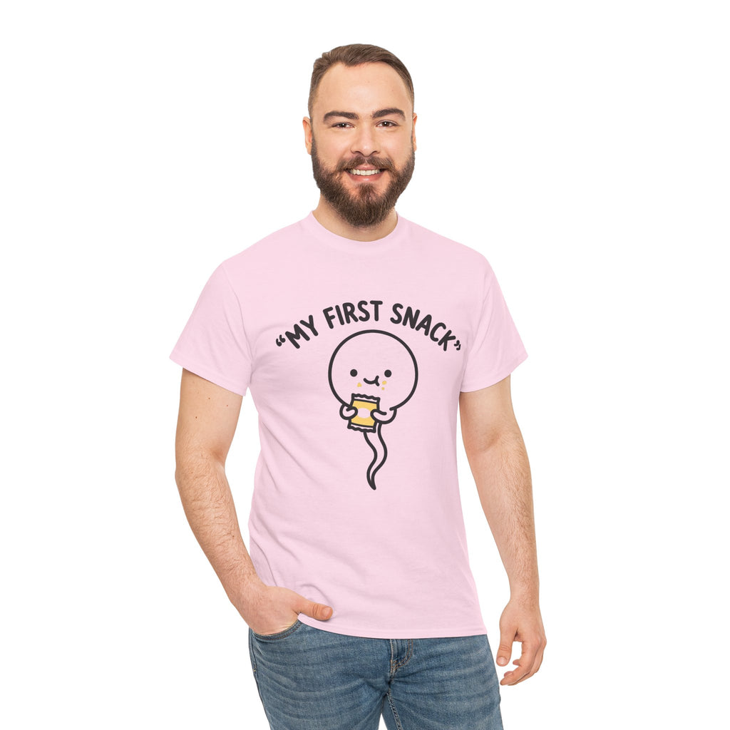 My First Snack Cute Sperm Graphic Tee — Funny Pregnancy Announcement Shirt
