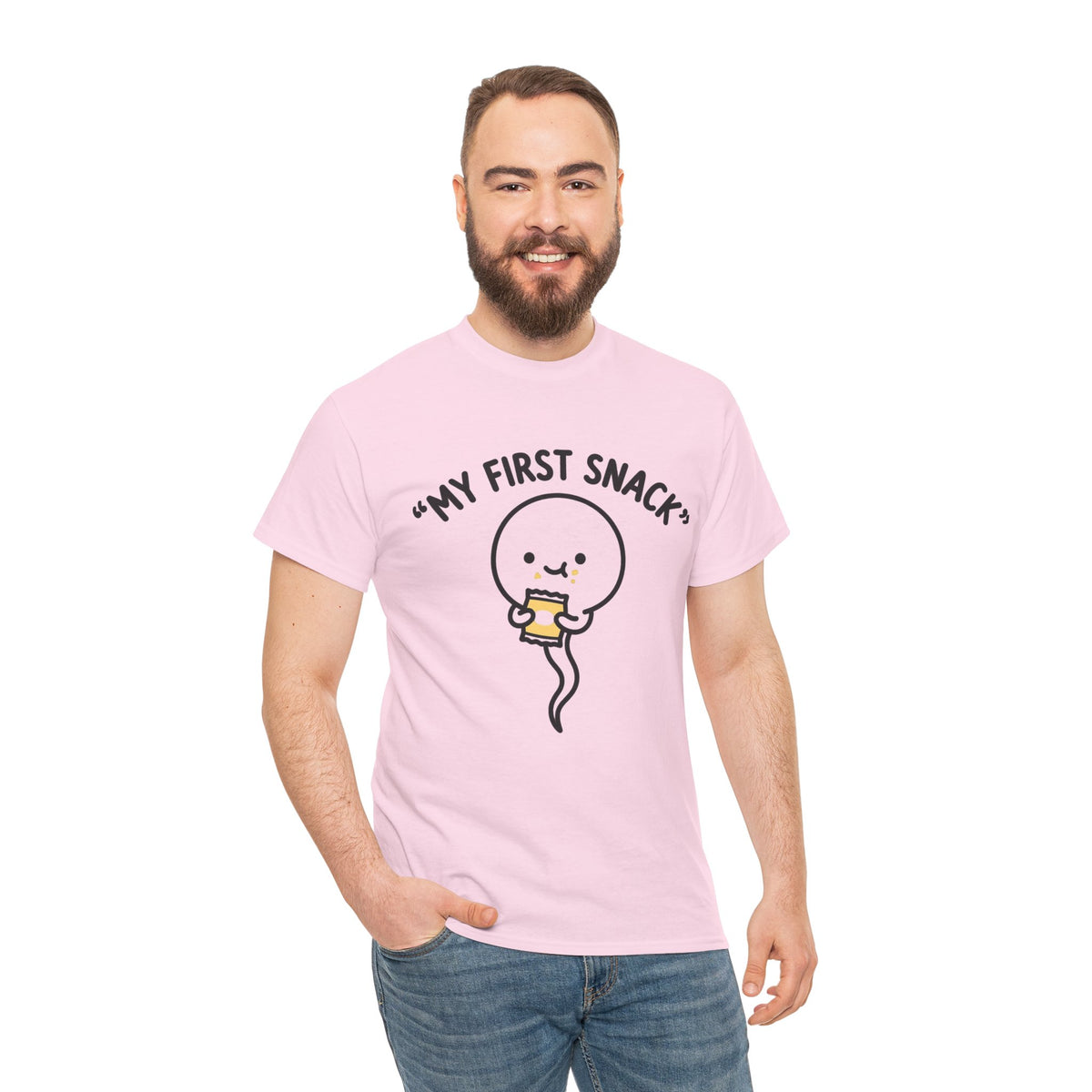 My First Snack Cute Sperm Graphic Tee — Funny Pregnancy Announcement Shirt