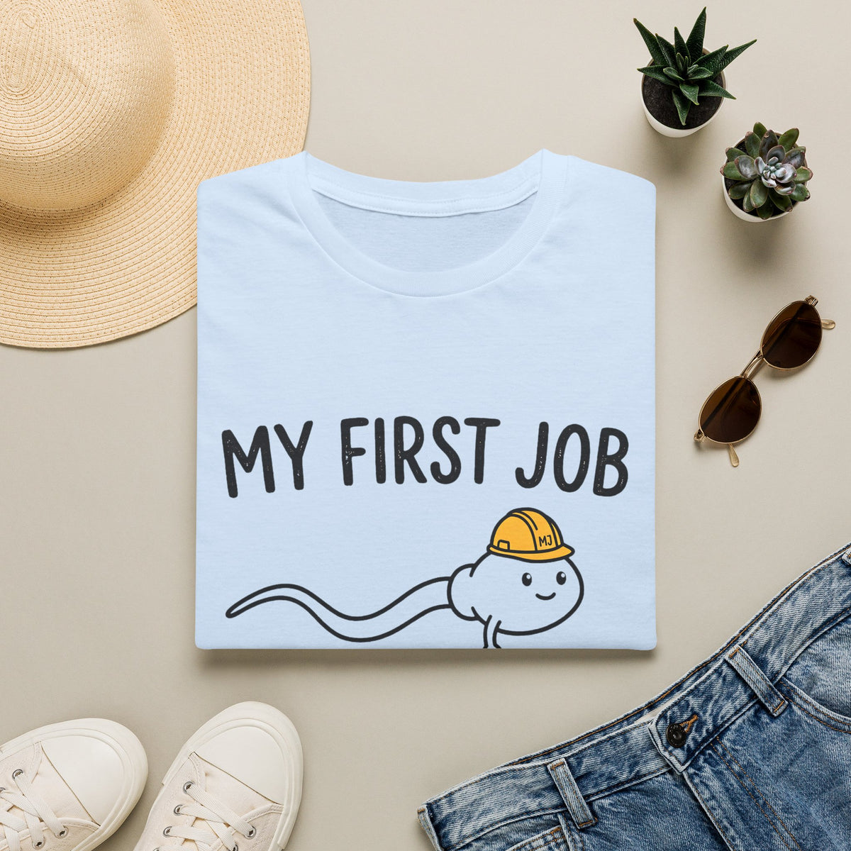 My First Job T-Shirt — Cute Sperm Cell Cartoon Construction Helmet Tee