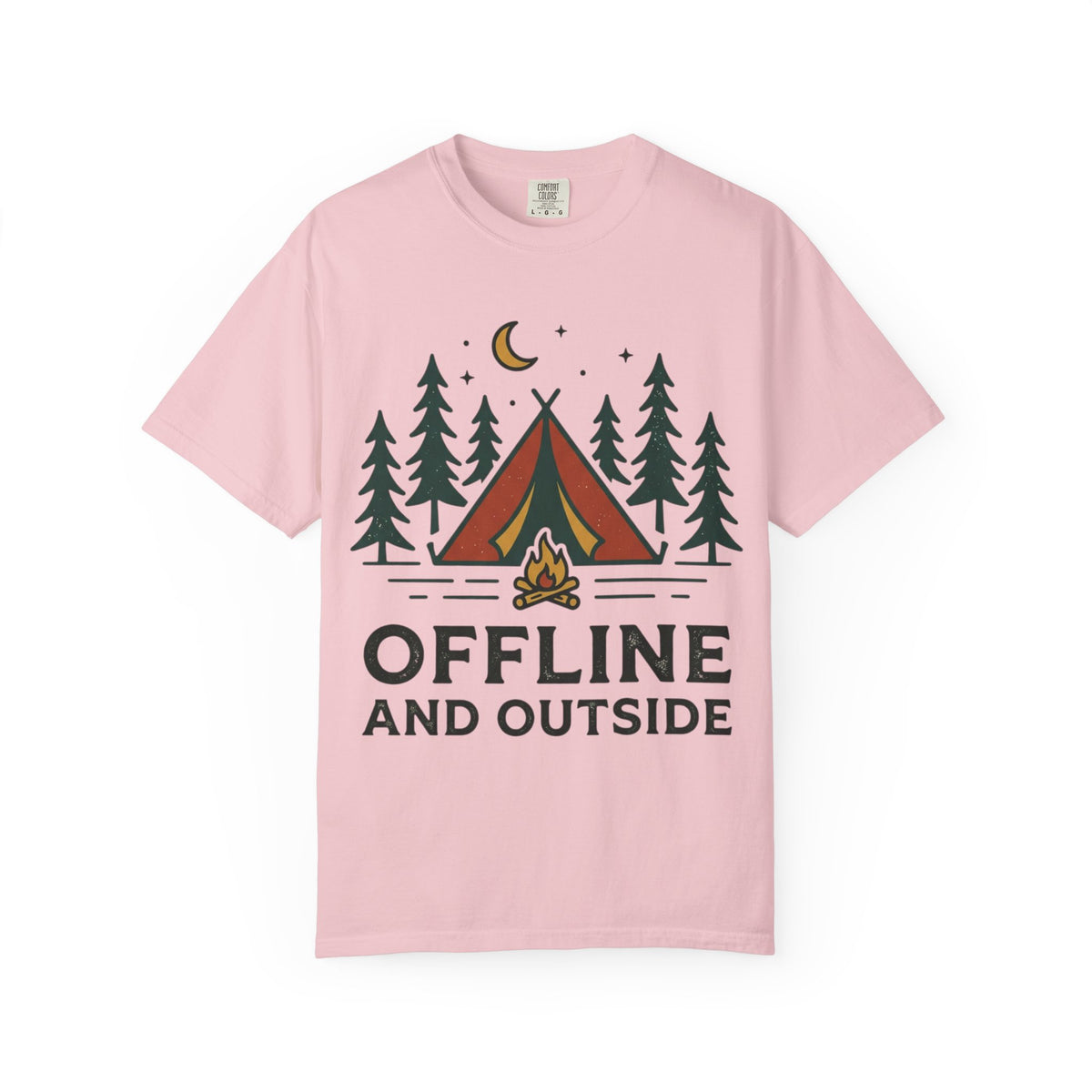 Camping T-Shirt — "Offline and Outside" Tent & Campfire Graphic
