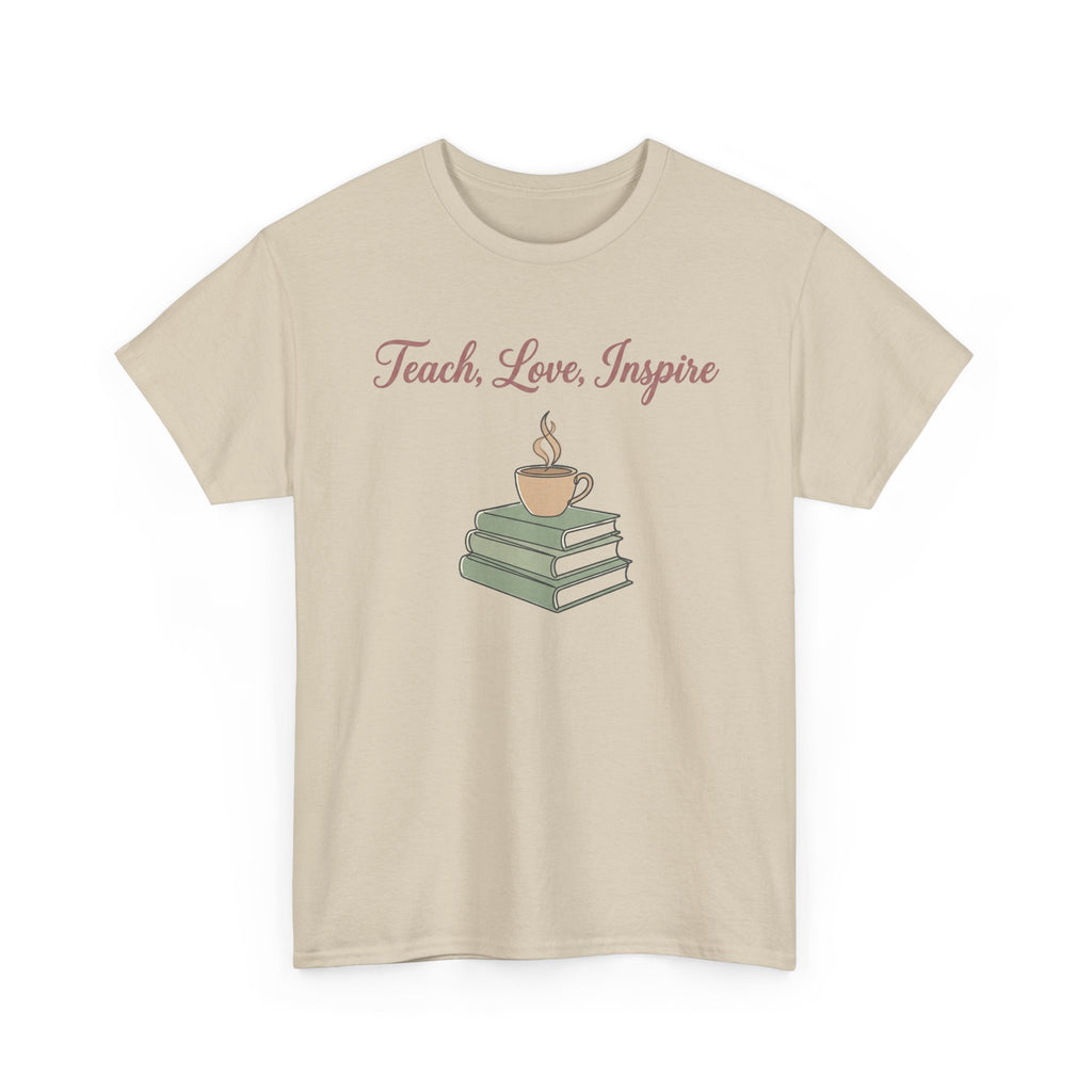 Teacher Tee — "Teach, Love, Inspire" Book & Coffee Graphic T-Shirt
