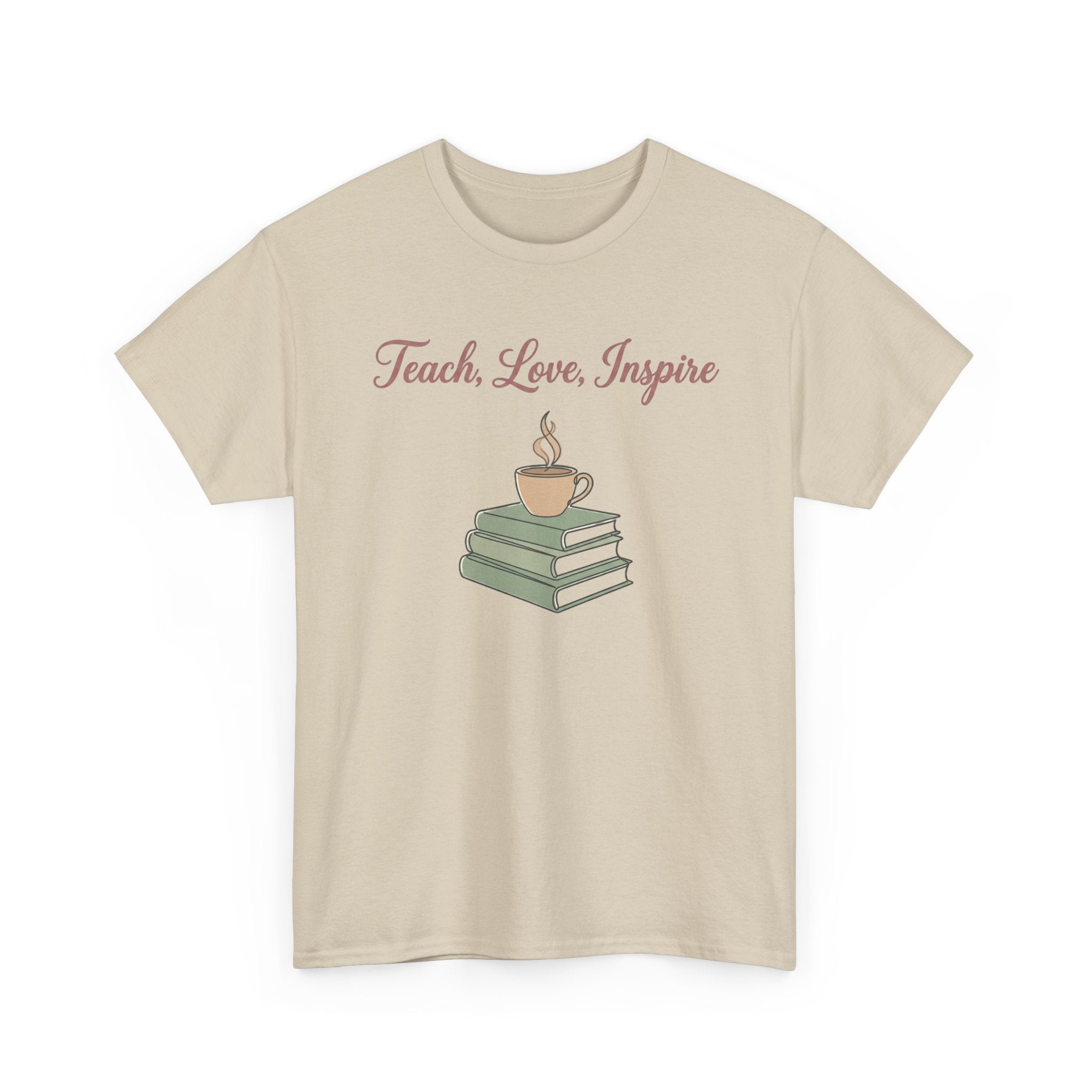 Teacher Tee — "Teach, Love, Inspire" Book & Coffee Graphic T-Shirt