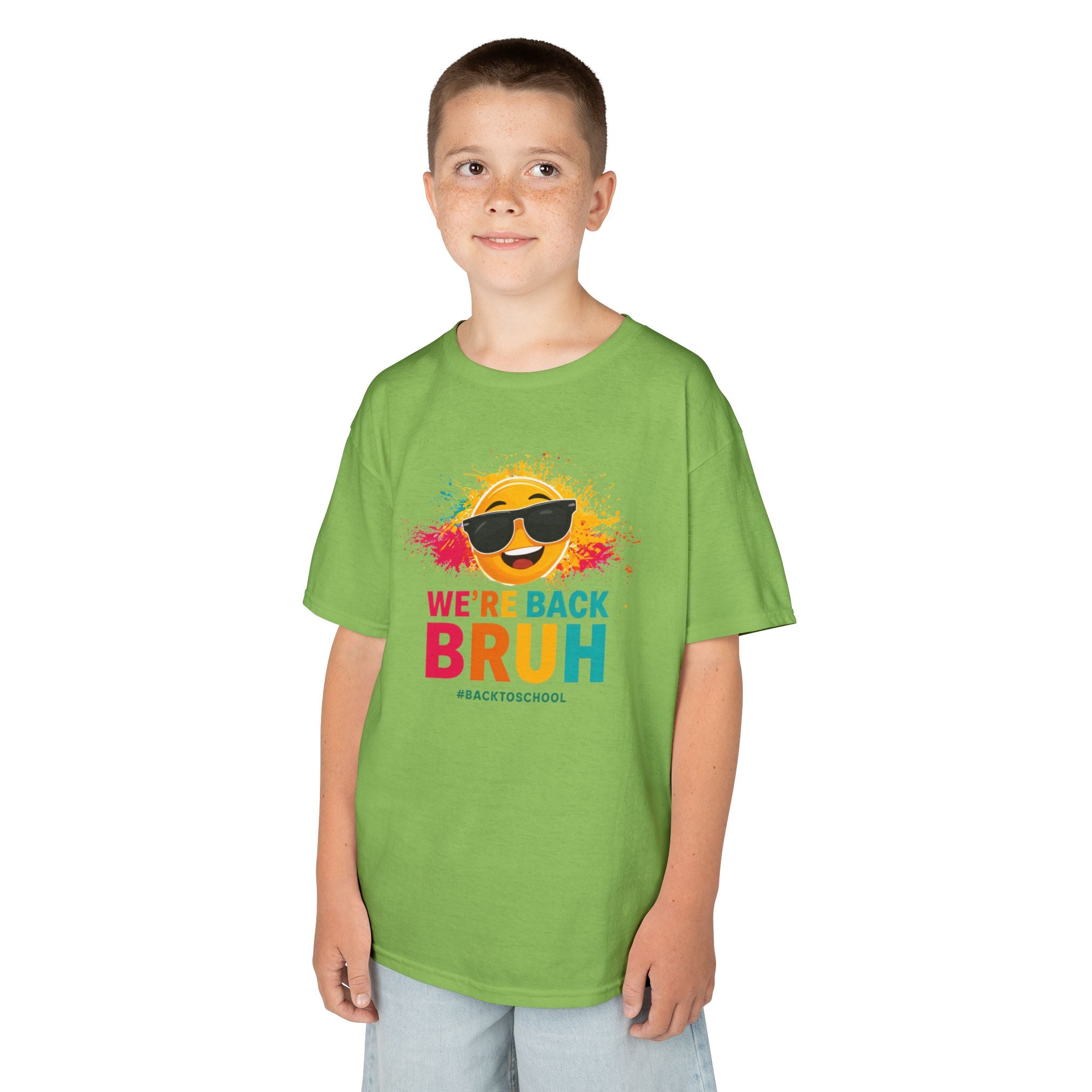 We're Back Bruh Kids Tee — Colorful Sunny Sunglasses Graphic Shirt for Kids