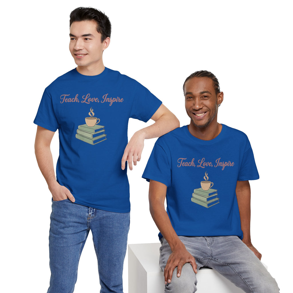 Teacher Tee — "Teach, Love, Inspire" Book & Coffee Graphic T-Shirt