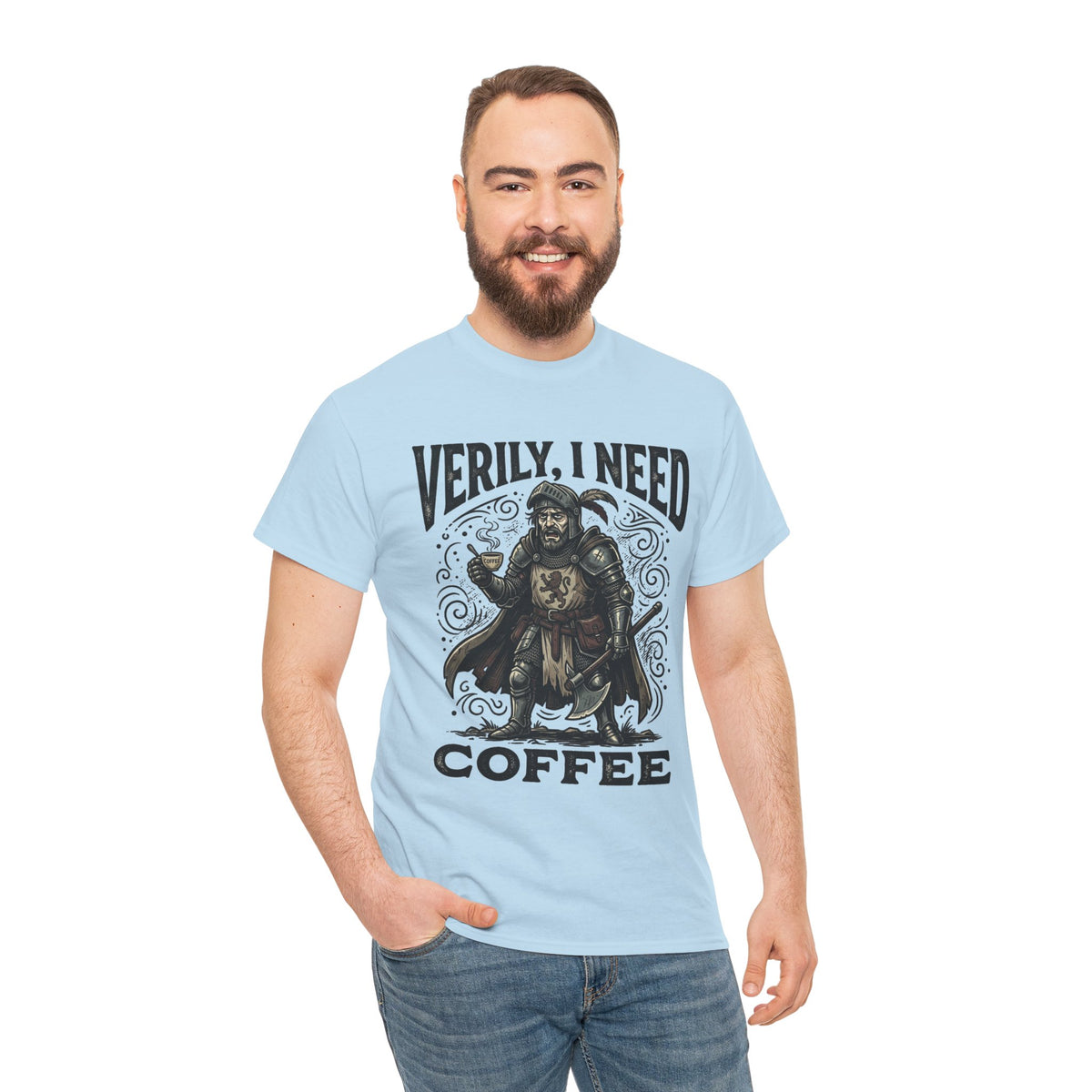 Coffee Viking T‑Shirt — “Verily, I Need Coffee” Medieval Warrior Tee