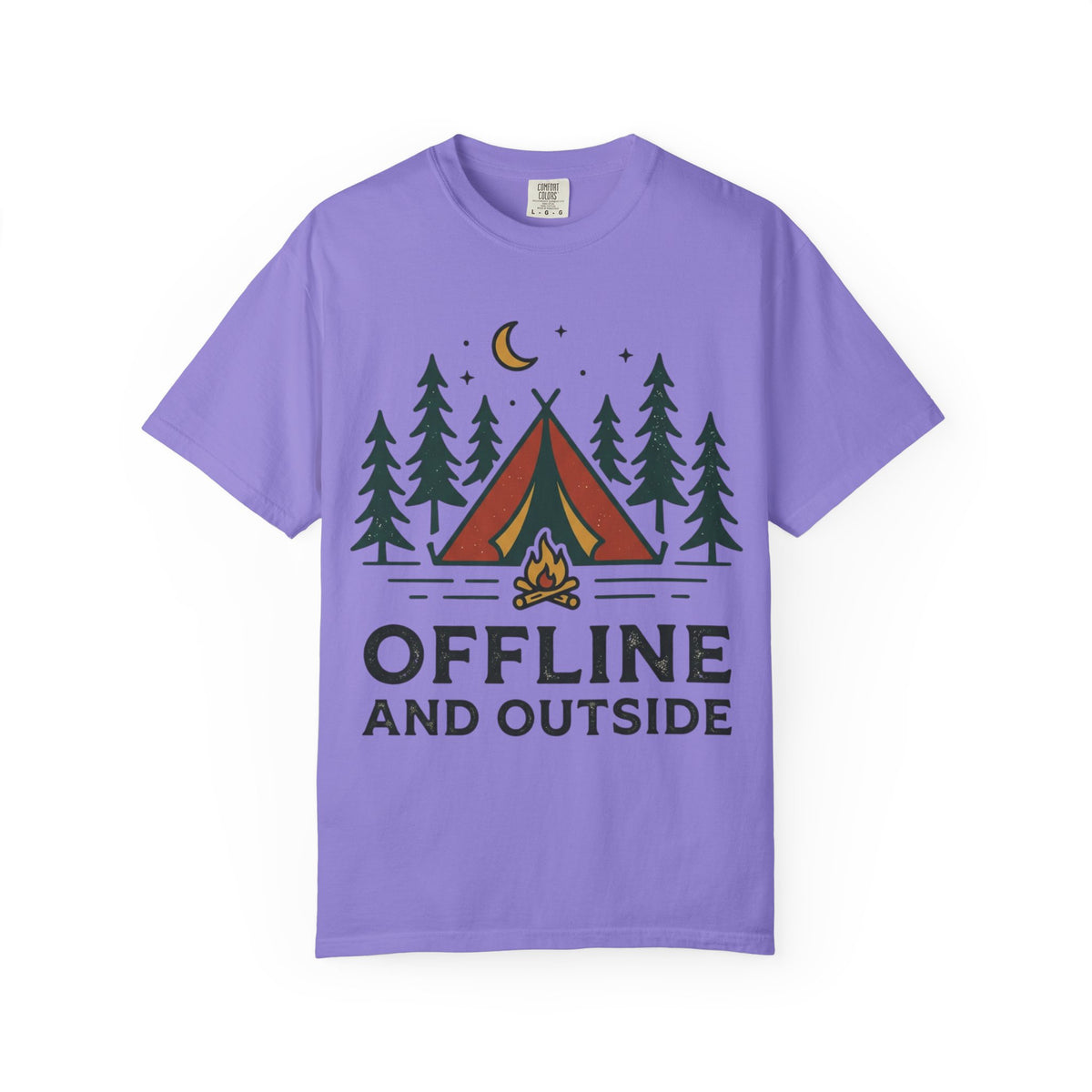 Camping T-Shirt — "Offline and Outside" Tent & Campfire Graphic