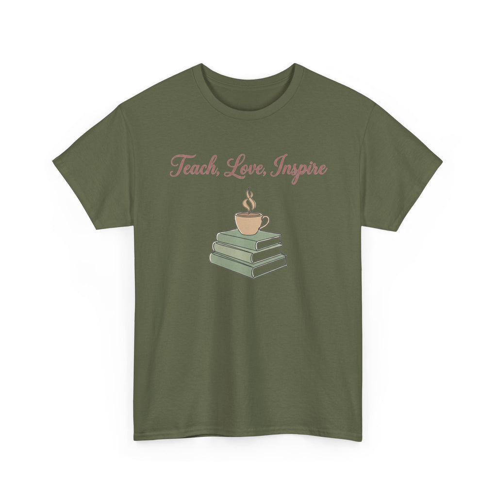 Teacher Tee — "Teach, Love, Inspire" Book & Coffee Graphic T-Shirt