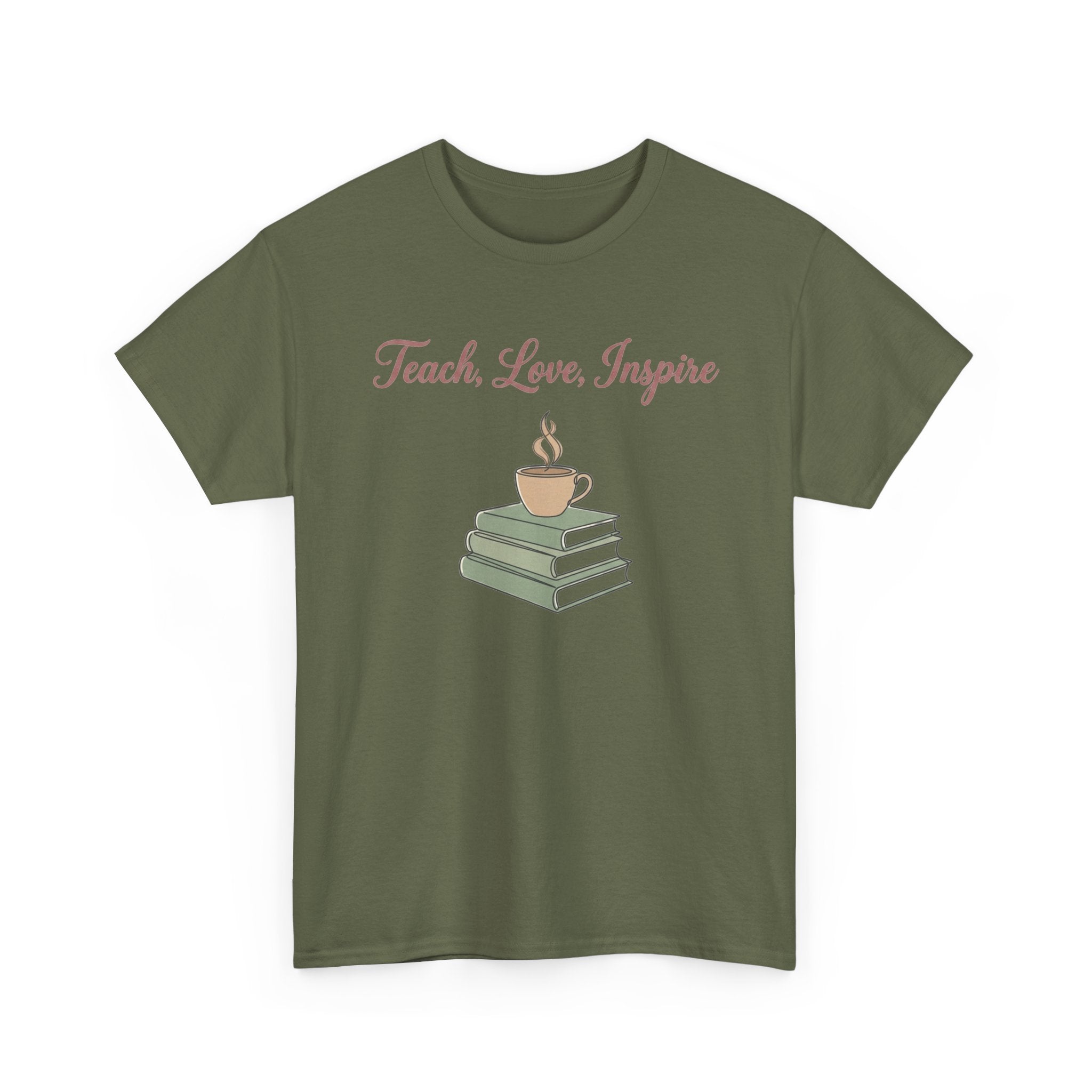 Teacher Tee — "Teach, Love, Inspire" Book & Coffee Graphic T-Shirt