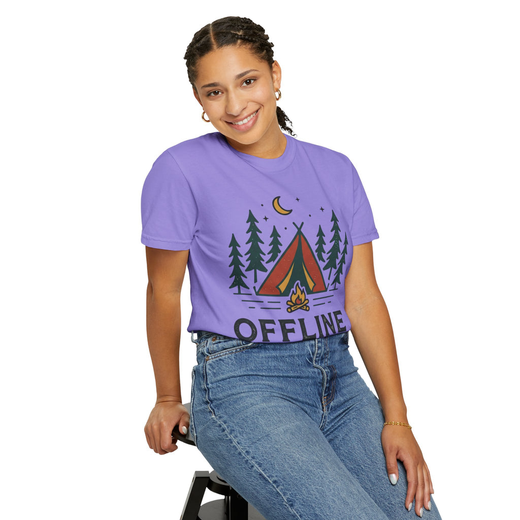 Camping T-Shirt — "Offline and Outside" Tent & Campfire Graphic