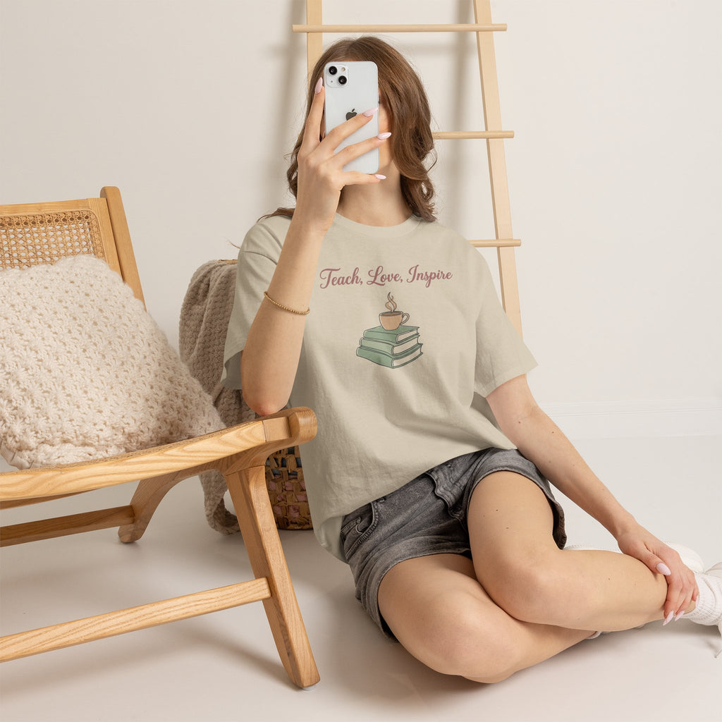Teacher Tee — "Teach, Love, Inspire" Book & Coffee Graphic T-Shirt