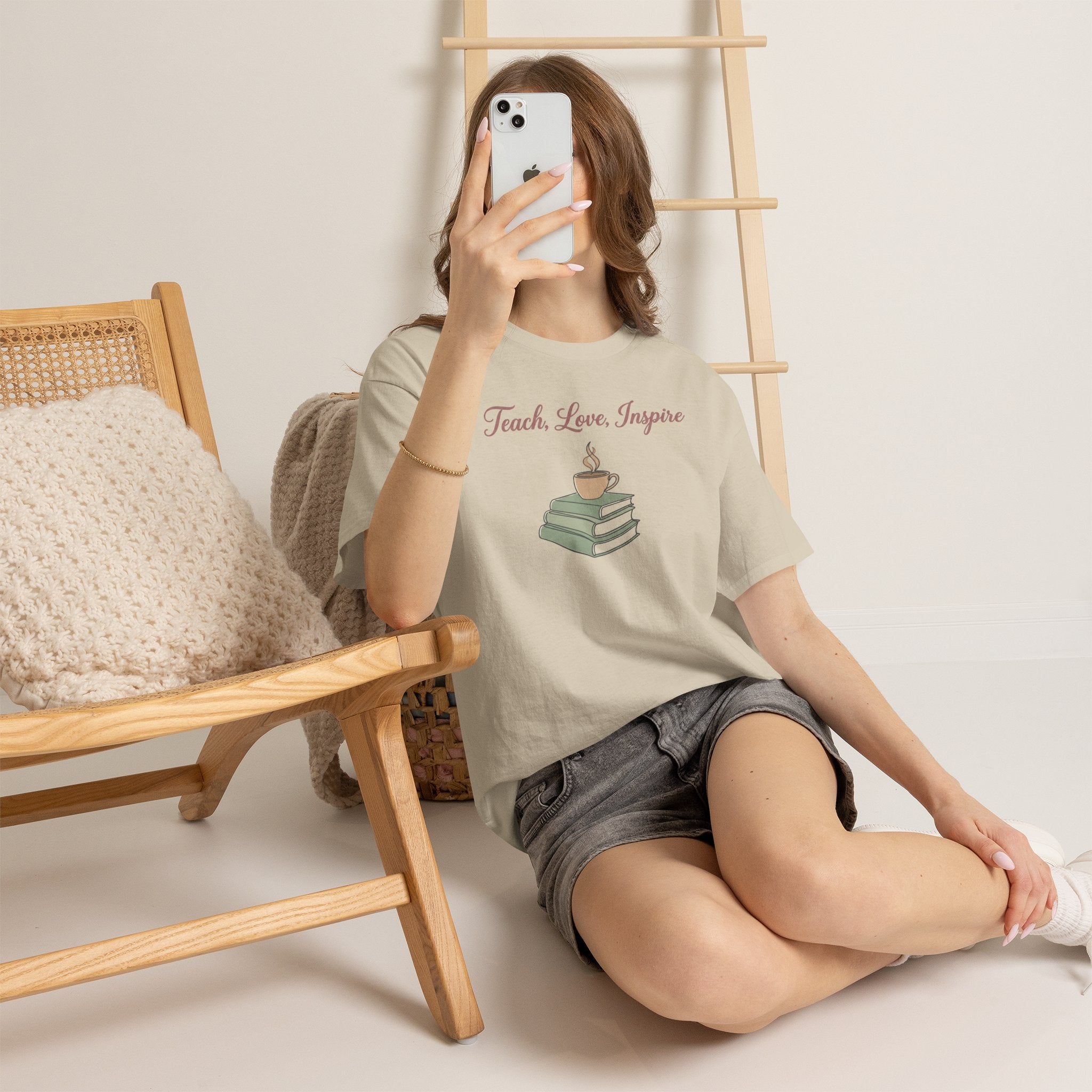 Teacher Tee — "Teach, Love, Inspire" Book & Coffee Graphic T-Shirt