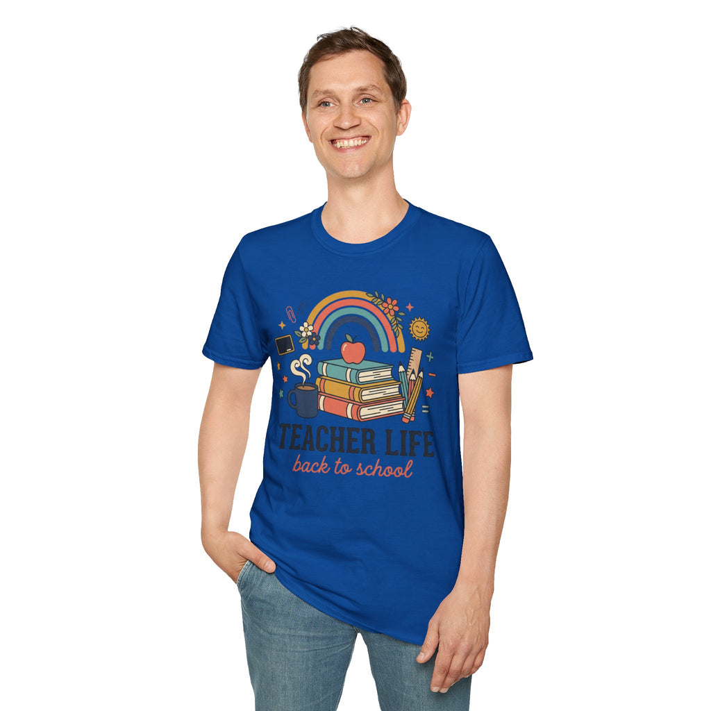 Teacher Life Back to School T-Shirt — Rainbow Books & Apple Graphic