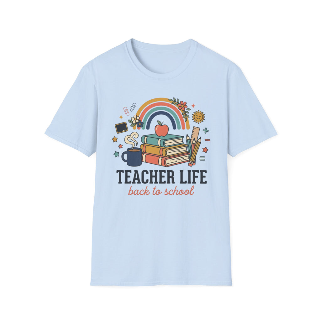 Teacher Life Back to School T-Shirt — Rainbow Books & Apple Graphic