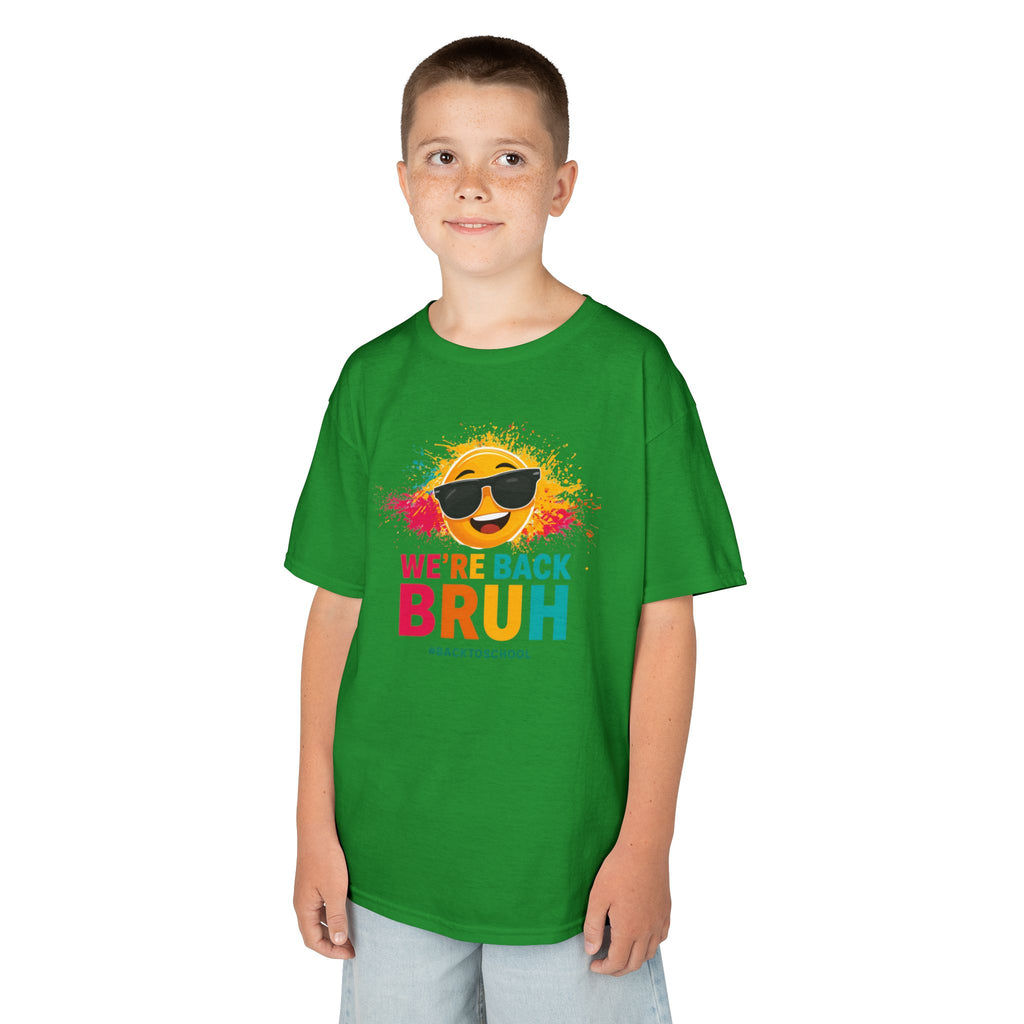 We're Back Bruh Kids Tee — Colorful Sunny Sunglasses Graphic Shirt for Kids