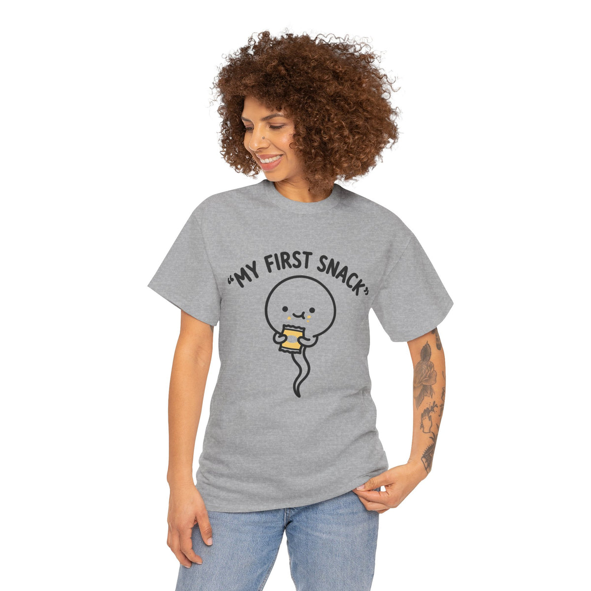 My First Snack Cute Sperm Graphic Tee — Funny Pregnancy Announcement Shirt