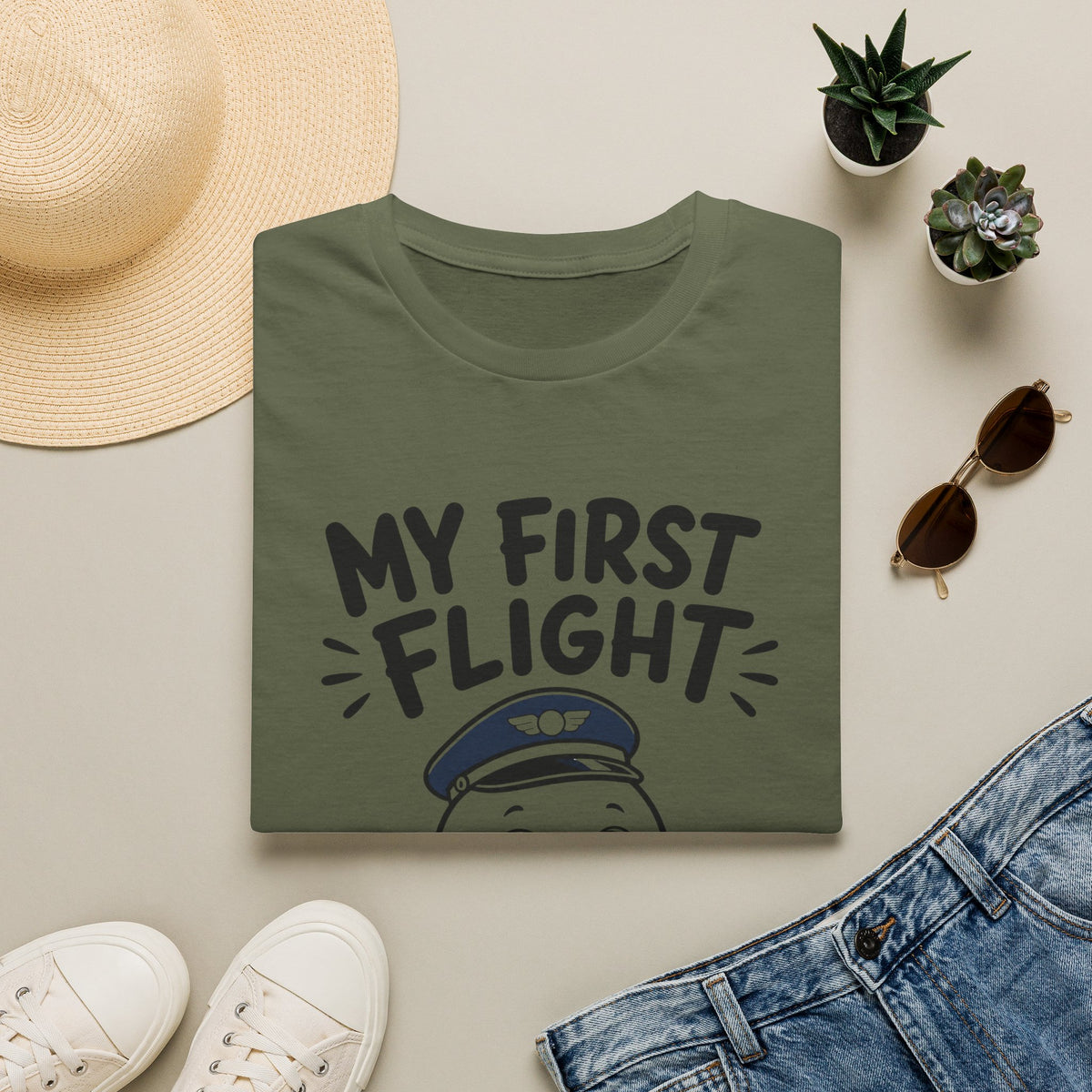 My First Flight T-Shirt — Cute Baby/Infant Travel Tee (Pilot Hat Ghost Design)