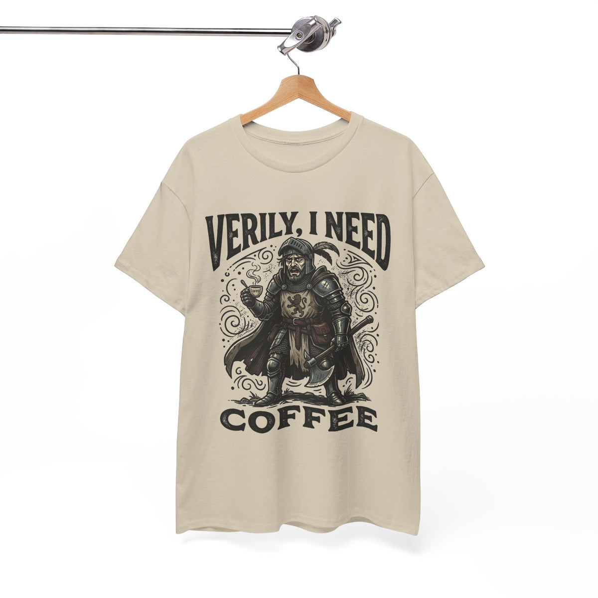 Coffee Viking T‑Shirt — “Verily, I Need Coffee” Medieval Warrior Tee