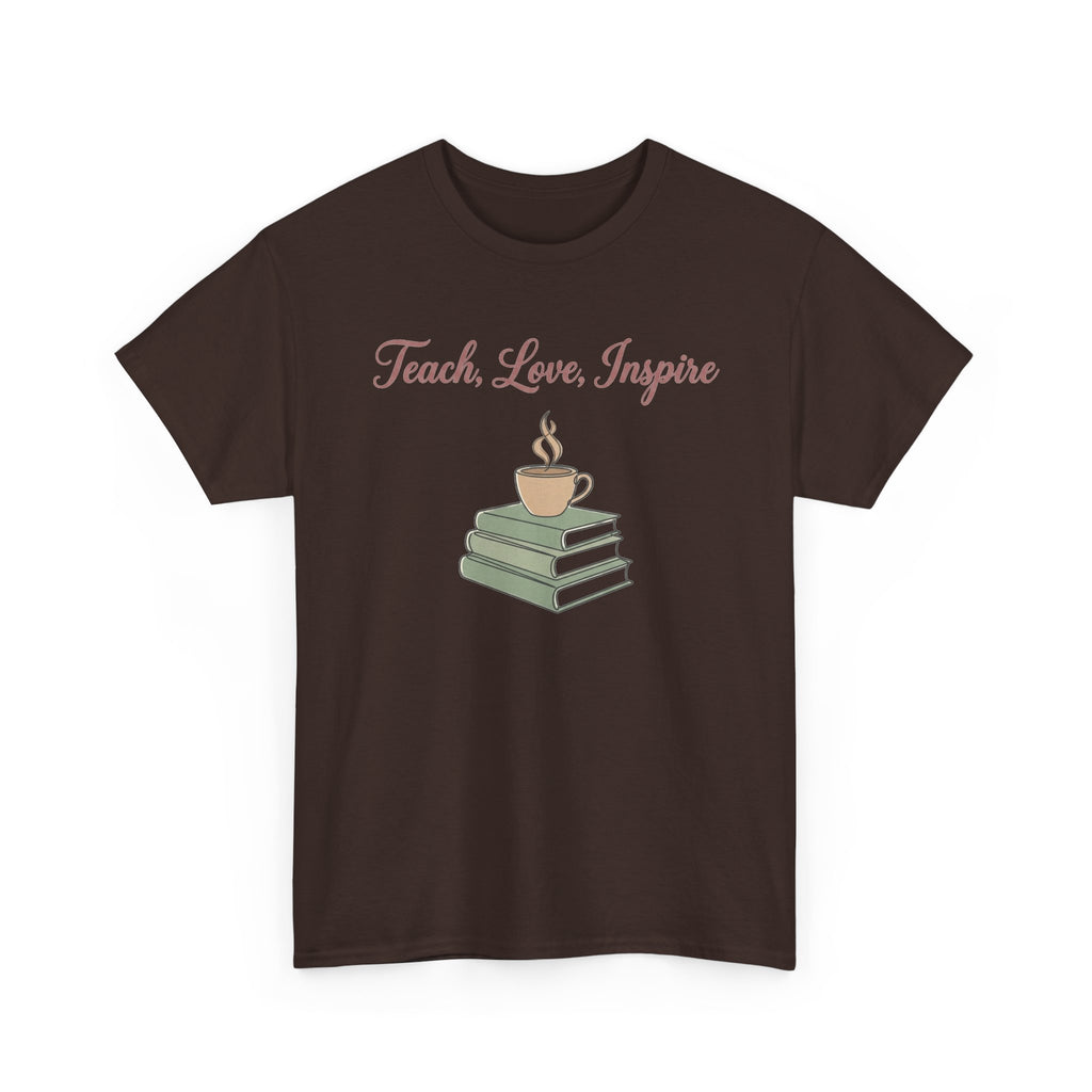 Teacher Tee — "Teach, Love, Inspire" Book & Coffee Graphic T-Shirt