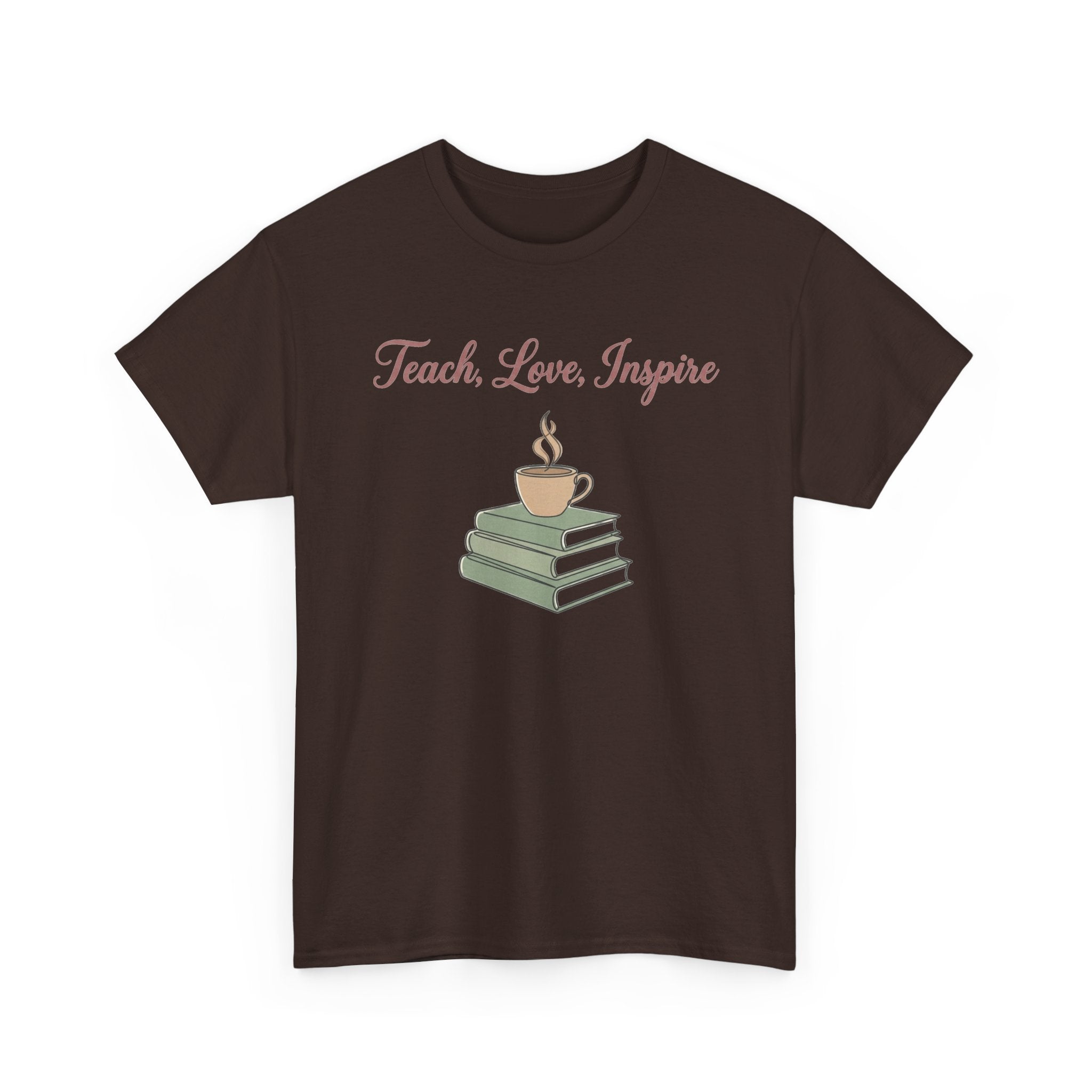 Teacher Tee — "Teach, Love, Inspire" Book & Coffee Graphic T-Shirt