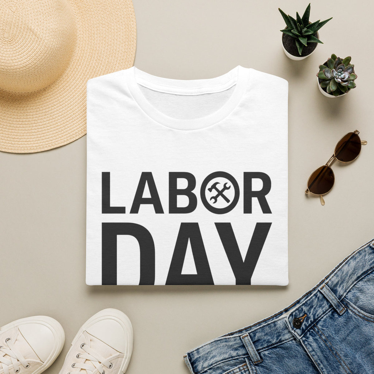 Labor Day Tools Graphic T-Shirt — Bold 'Labor Day' Text with Wrench & Hammer