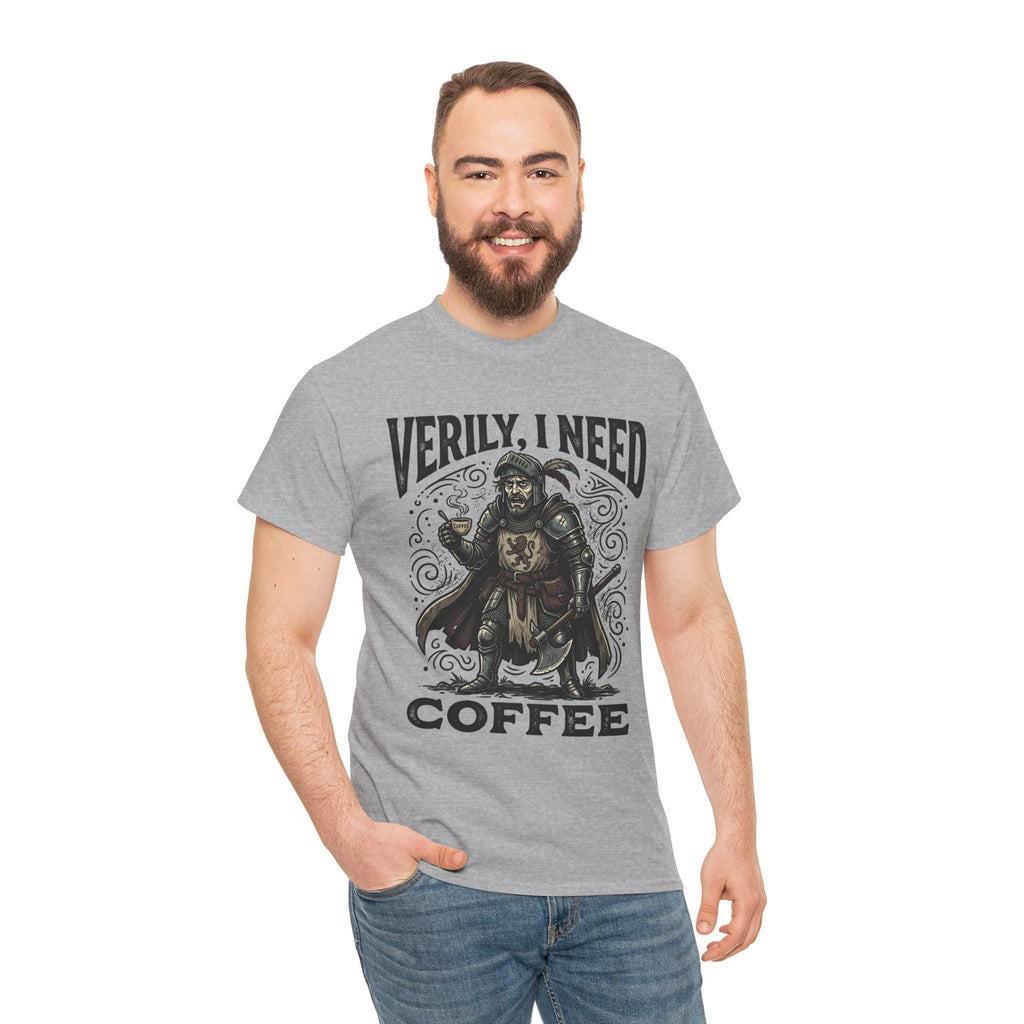 Coffee Viking T‑Shirt — “Verily, I Need Coffee” Medieval Warrior Tee