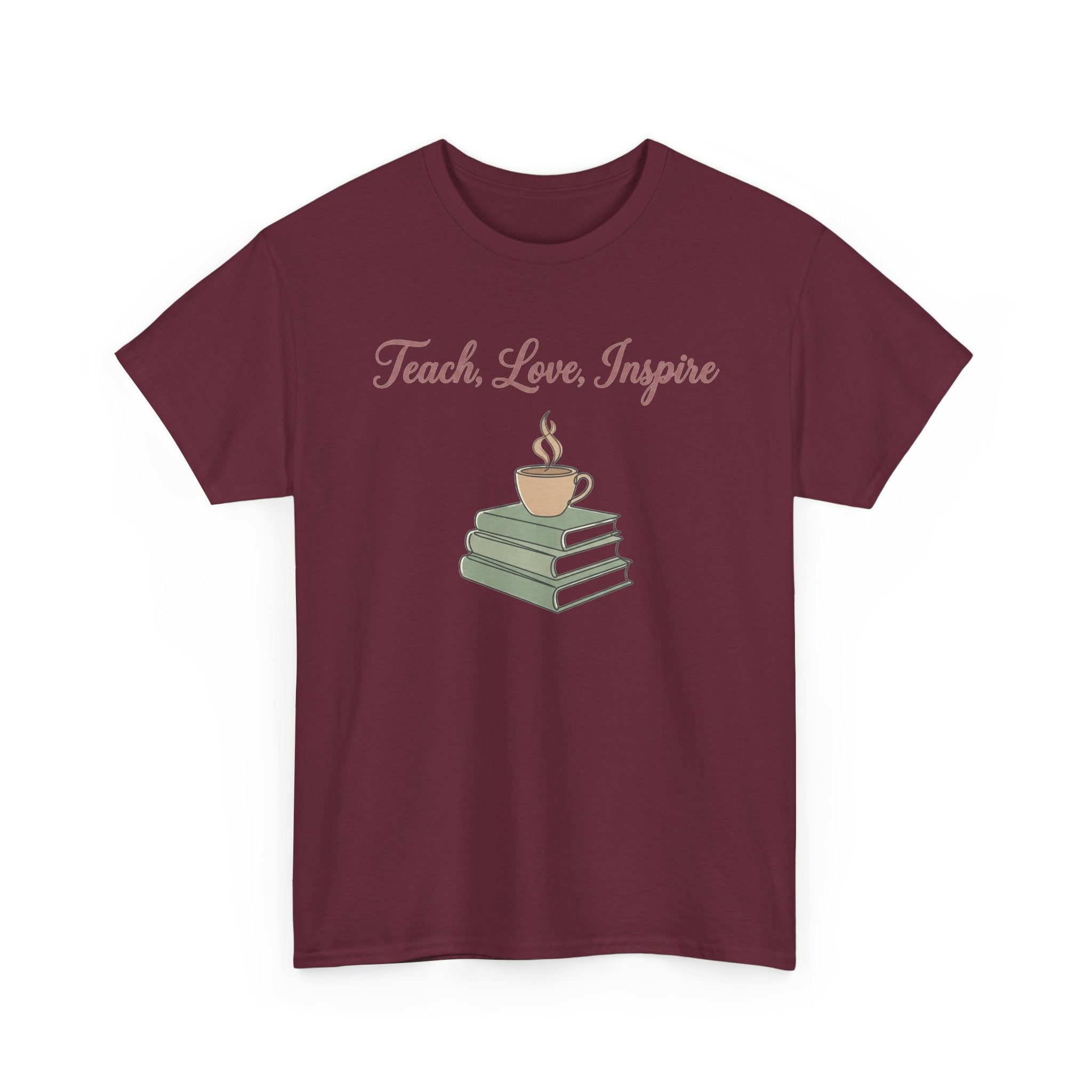 Teacher Tee — "Teach, Love, Inspire" Book & Coffee Graphic T-Shirt