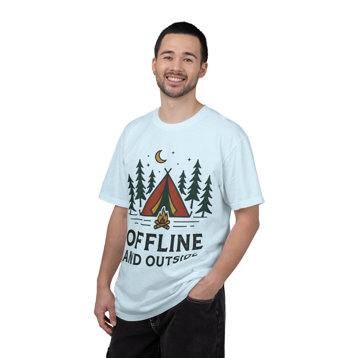 Camping T-Shirt — "Offline and Outside" Tent & Campfire Graphic